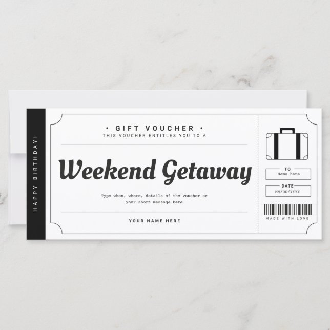 Surprise Weekend Getaway Gift Travel Voucher (Front)