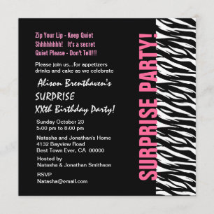SURPRISE Year Birthday Pink and Black Zebra V054 Invitation