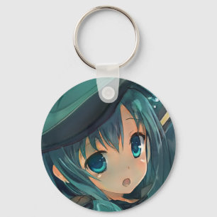 Surprised anime girl with emerald green eyes hair  key ring