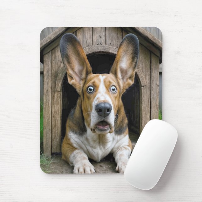 Surprised Basset Hound In a Doghouse Mouse Pad (With Mouse)