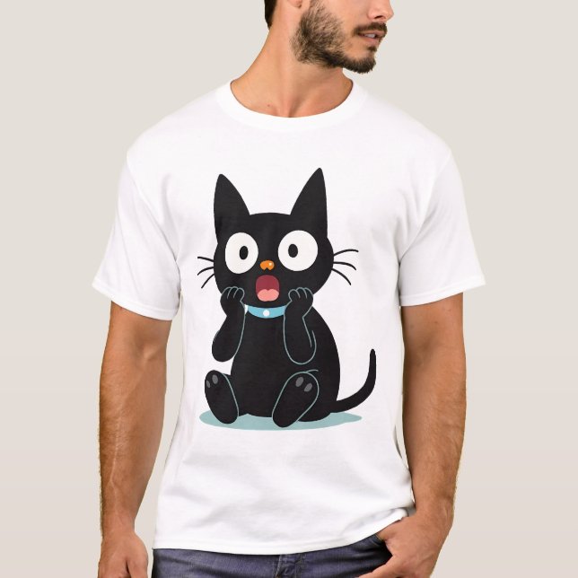 Surprised Black Cartoon Cat T-Shirt (Front)