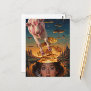 Surprised Breakfast Lady Pancakes Pink Cow Surreal Postcard