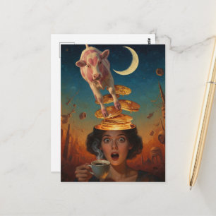Surprised Breakfast Pancakes Coffee Pink Cow Postcard