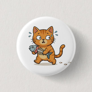 Surprised Cat Holding Fish Button