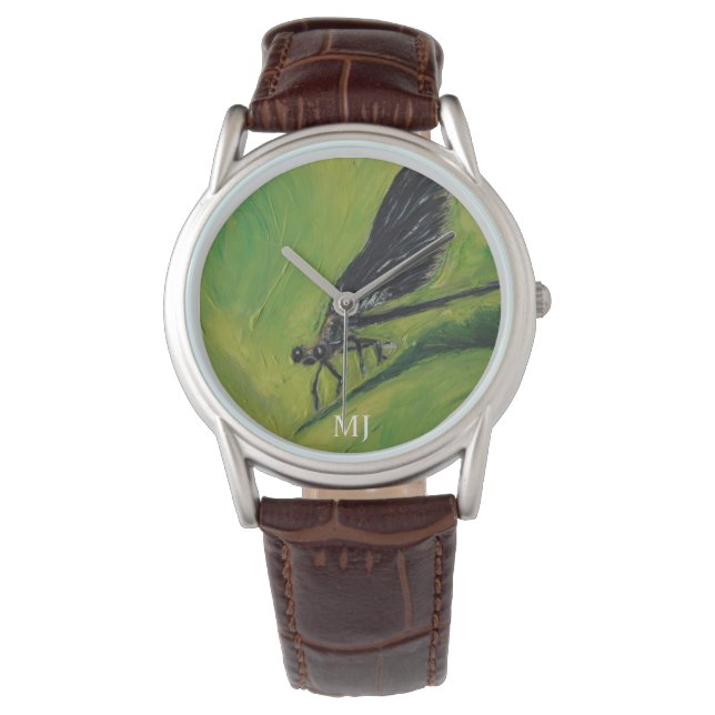 Surprised Damsel Fly, Dragon Fly Art Green Black Watch (Front)