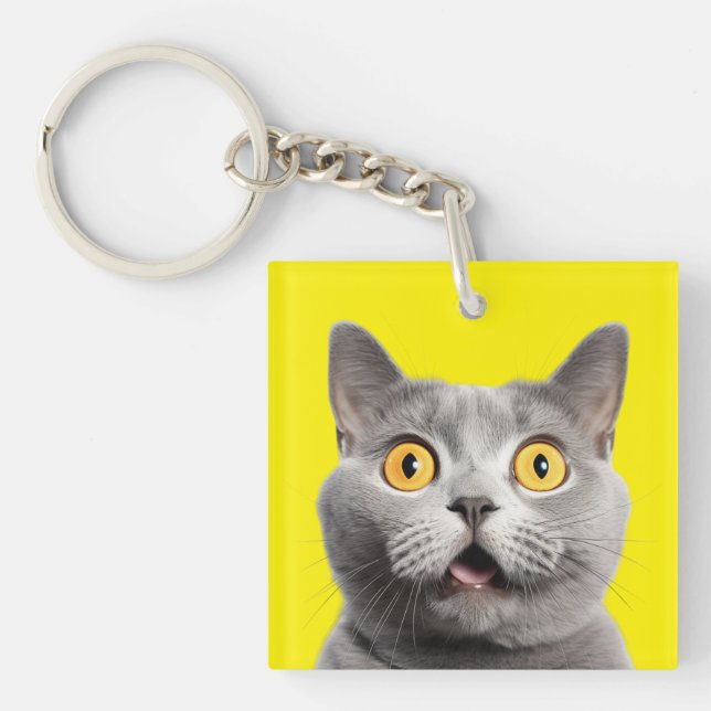 Surprised Funny Crazy Cat Yellow Key Ring (Front)
