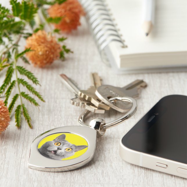 Surprised Funny Crazy Cat Yellow Key Ring (Side)