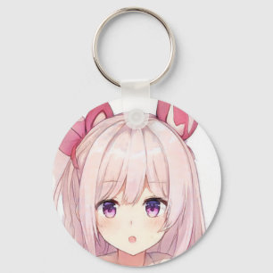 Surprised pink hair anime girl purple eyes bunny  key ring