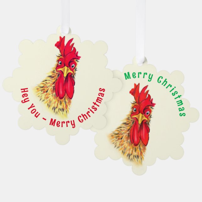 Surprised Rooster Funny Christmas Ornament Card (Front/Back)