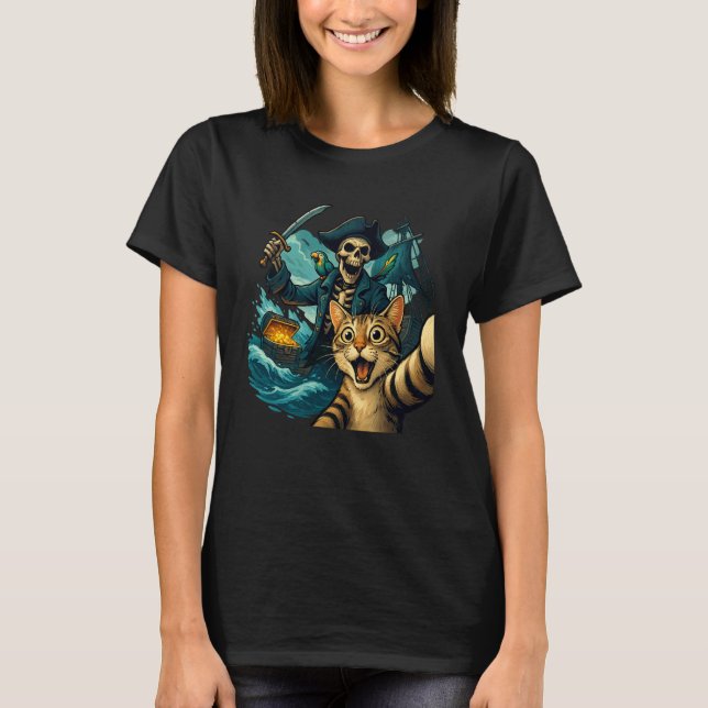 Surprised Scared Cat Selfie With Skeleton Pirate K T-Shirt (Front)