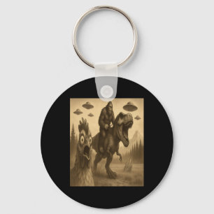 Surprised Scared Chicken With Sasquatch Bigfoot Ri Key Ring