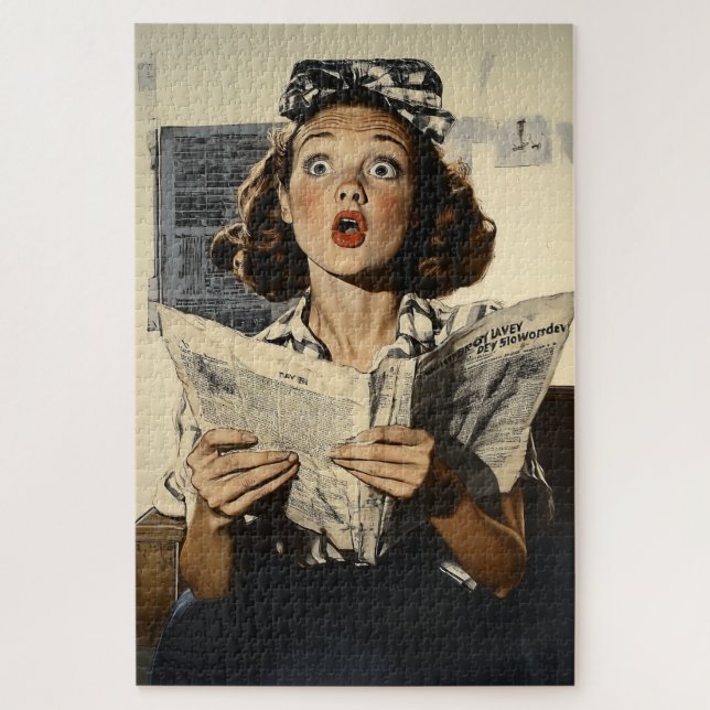 Surprised Woman Reading Newspaper Jigsaw Puzzle (Vertical)