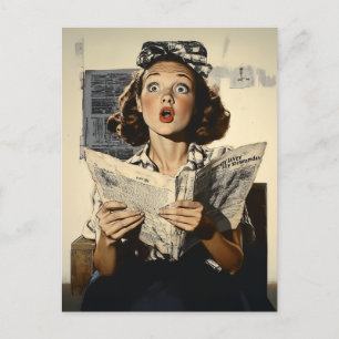 Surprised Woman Reading Newspaper Postcard