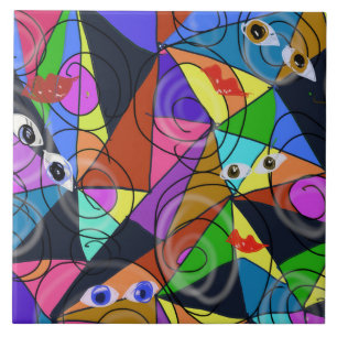 Surreal Abstract Geometric Patterns with Eyes Ceramic Tile