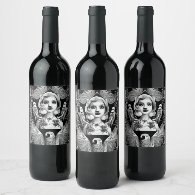 Surreal Abstract Woman & Birds Wine Label (Bottles)