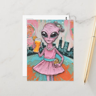 Surreal Alien Lady in Pink With Orange Juice Postcard