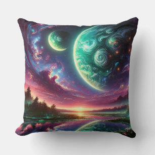 Surreal Alien Planet Landscape with Cosmic Skies Cushion