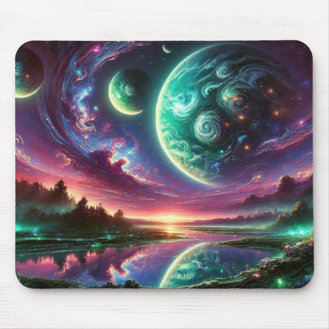 Surreal Alien Planet Landscape with Cosmic Skies Mouse Pad (Front)