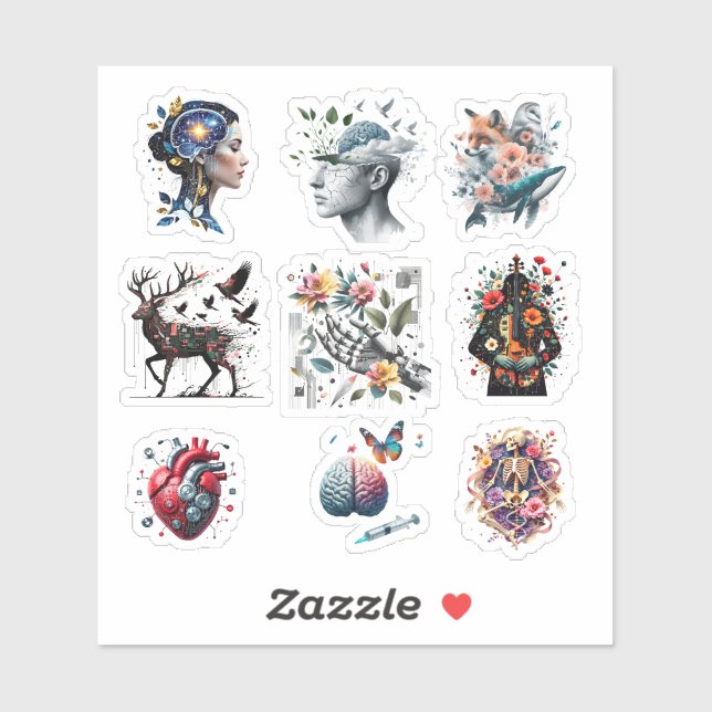 Surreal Anatomy Collage – Fusion of Brain, Nature, (Sheet)