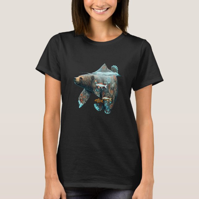 Surreal and Creative Aboriginal Bear and Salmon He T-Shirt (Front)