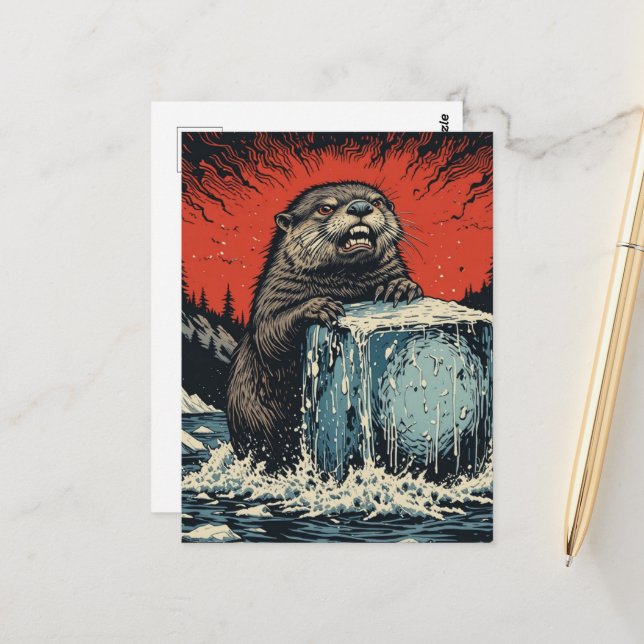 Surreal Angry otter breaking ice Postcard (Front/Back In Situ)