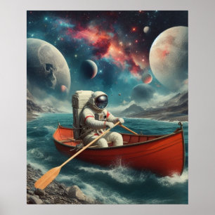 Surreal Astronaut Rowing Space Ocean Dreamscape Poster
