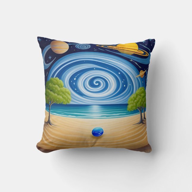 Surreal Beach Scene with Planets, Swirling Sky Cushion (Front)