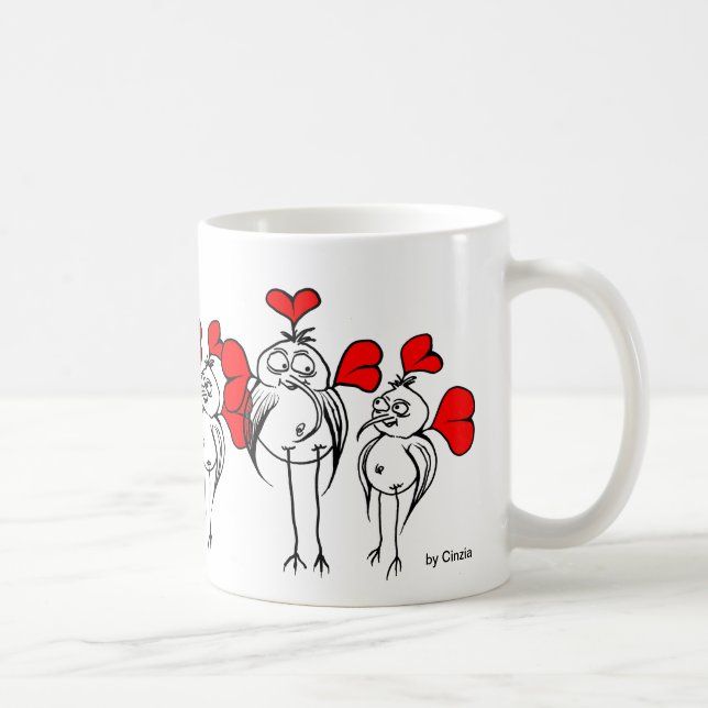 Surreal birds and red hearts coffee mug (Right)
