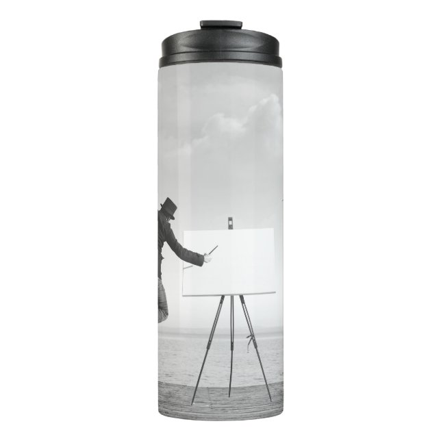 surreal black and white art painter drawing on a c thermal tumbler (Front)