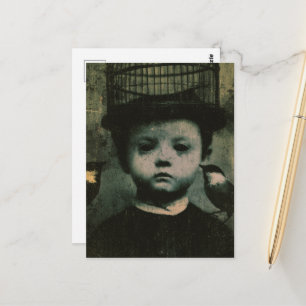 Surreal Black and White Caged Bird and Child Retro Postcard