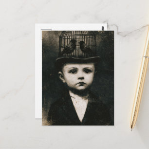 Surreal Black and White Caged Bird Hat Child Postcard