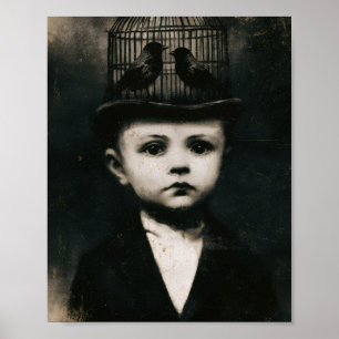 Surreal Black and White Caged Bird Hat Child Poster