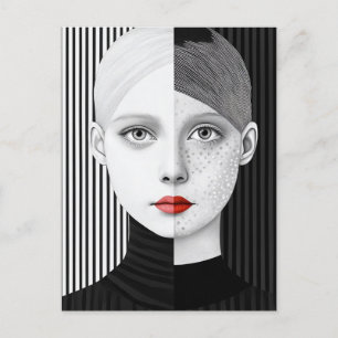 Surreal Black and White Face Red Lips Postcard