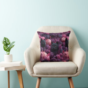Surreal Black Cat and Pink Peony Floral Pattern Cushion