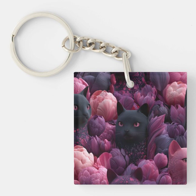 Surreal Black Cat and Pink Peony Floral Pattern Key Ring (Front)