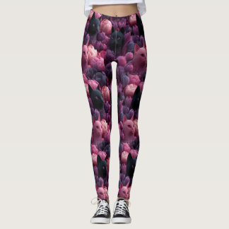 Surreal Black Cat and Pink Peony Floral Pattern Leggings