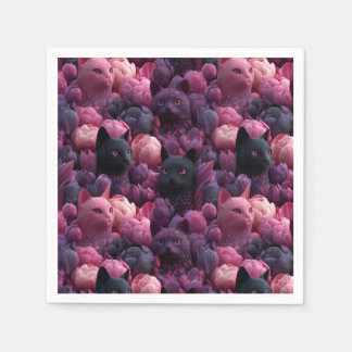 Surreal Black Cat and Pink Peony Floral Pattern Napkin
