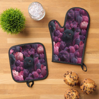 Surreal Black Cat and Pink Peony Floral Pattern Oven Mitt & Pot Holder Set