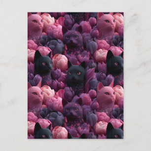 Surreal Black Cat and Pink Peony Floral Pattern Postcard