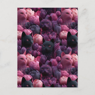 Surreal Black Cat and Pink Peony Floral Pattern Postcard