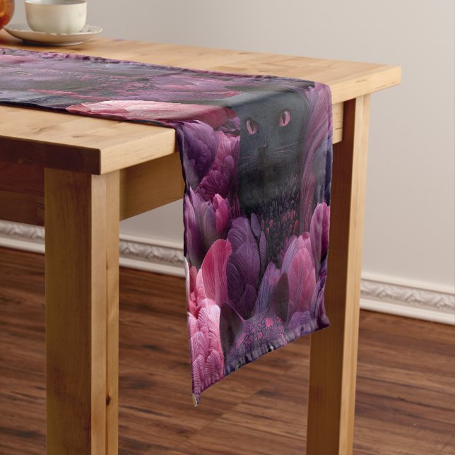 Surreal Black Cat and Pink Peony Floral Pattern Short Table Runner (In Situ)