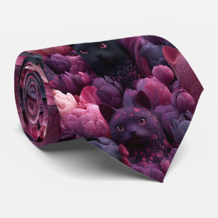 Surreal Black Cat and Pink Peony Floral Pattern Tie