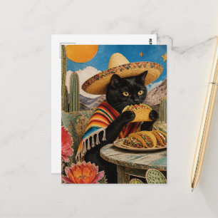 Surreal black cat eating tacos collage postcard