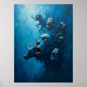 Surreal Blue Scream Creatures Poster