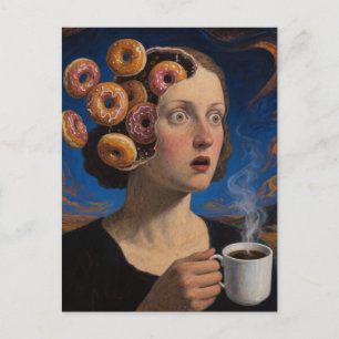 Surreal Breakfast Donuts and a Coffee Woman Postcard