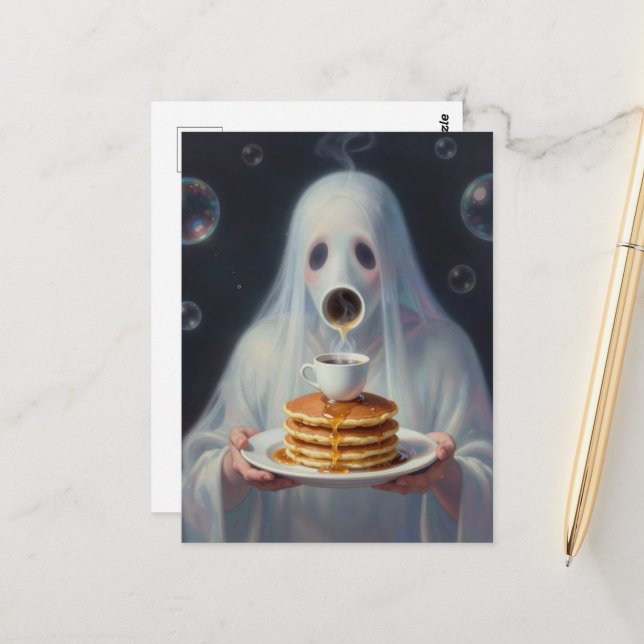 Surreal Breakfast pancakes ghost with coffee  Postcard (Front/Back In Situ)