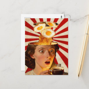 Surreal Breakfast Toast and Coffee Woman Red White Postcard