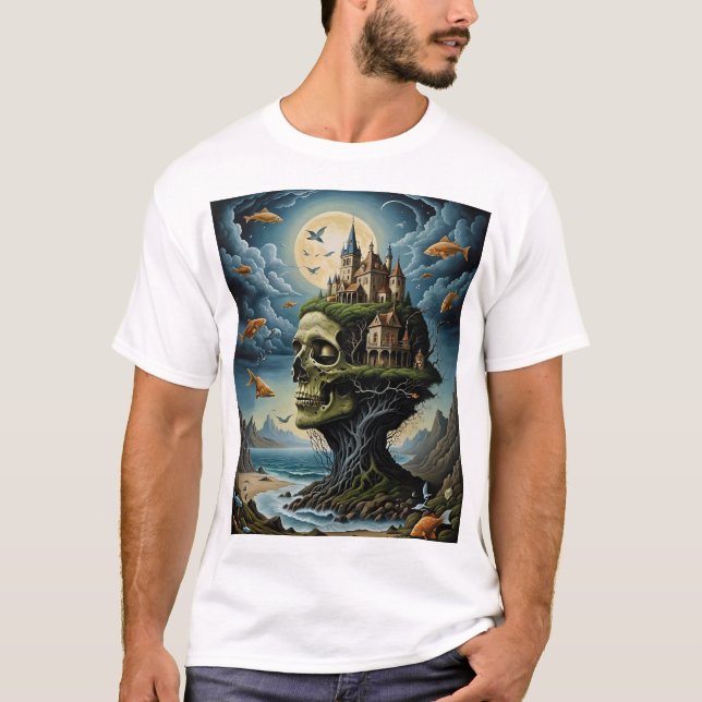 Surreal Castle Skull Fantasy T-Shirt Moonlit Ocean (Front)