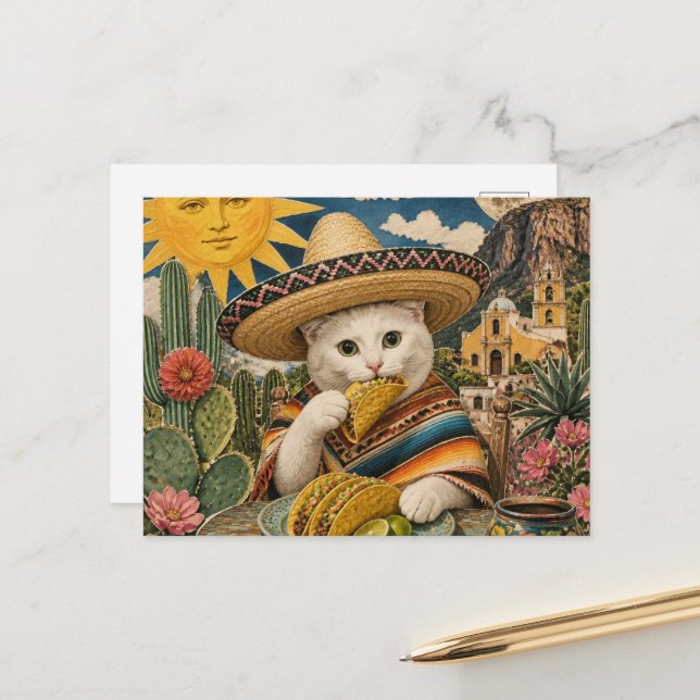 Surreal cat eating tacos collage postcard (Front/Back In Situ)