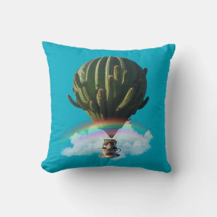 Surreal Cat Hot Air Balloon with Cactus & Rainbow Cushion